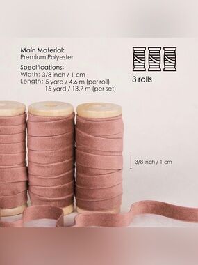 Velvet Ribbon Spool Set in Rose Gold - 3 sets of 5 yards